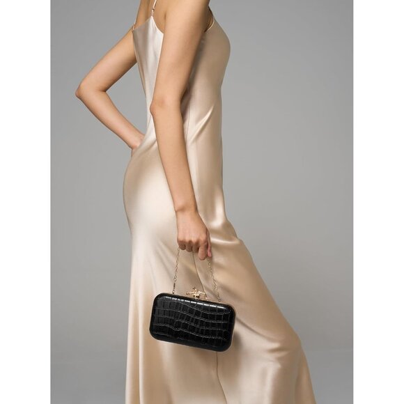 Women's Black Crocodile Leather Formal Evening Shoulder Clutch Chain Strap Bag - Picture 6 of 6